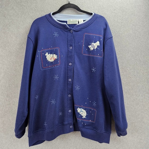Extra Shenanigans Sweaters - EXTRA SHENANIGANS | Polar Bear Winter Button Front Sweatshirt Navy Blue 3X VTG